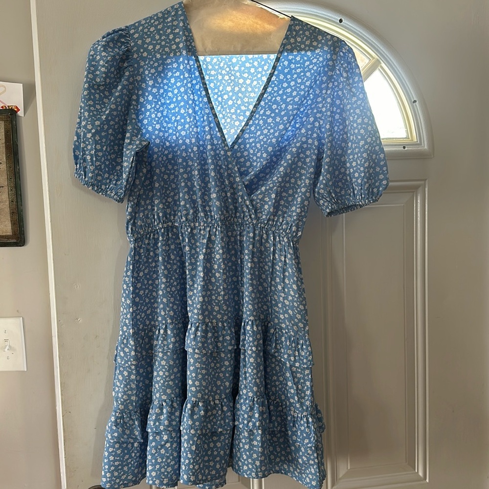blue and white floral dress